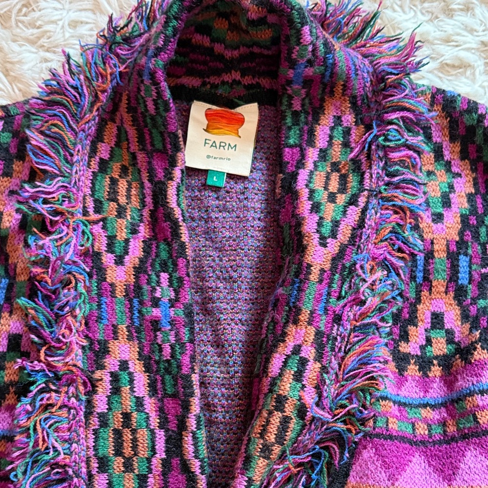 FARM Rio Multicolor Fringe Knit Cardigan - Pink Green Purple Black